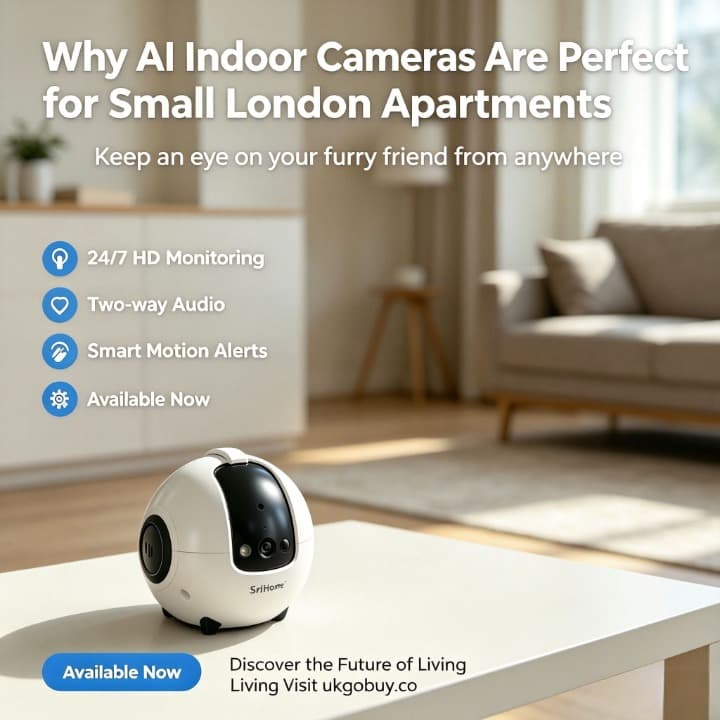 AI indoor security camera mounted in a small London flat living room — renter-friendly, no drilling required
