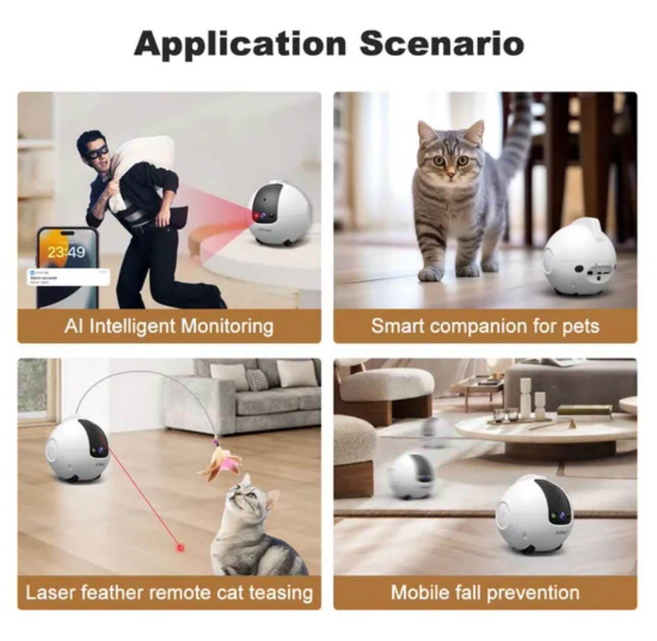 Smart pet device with applications for monitoring, companionship, remote teasing, and fall prevention.
