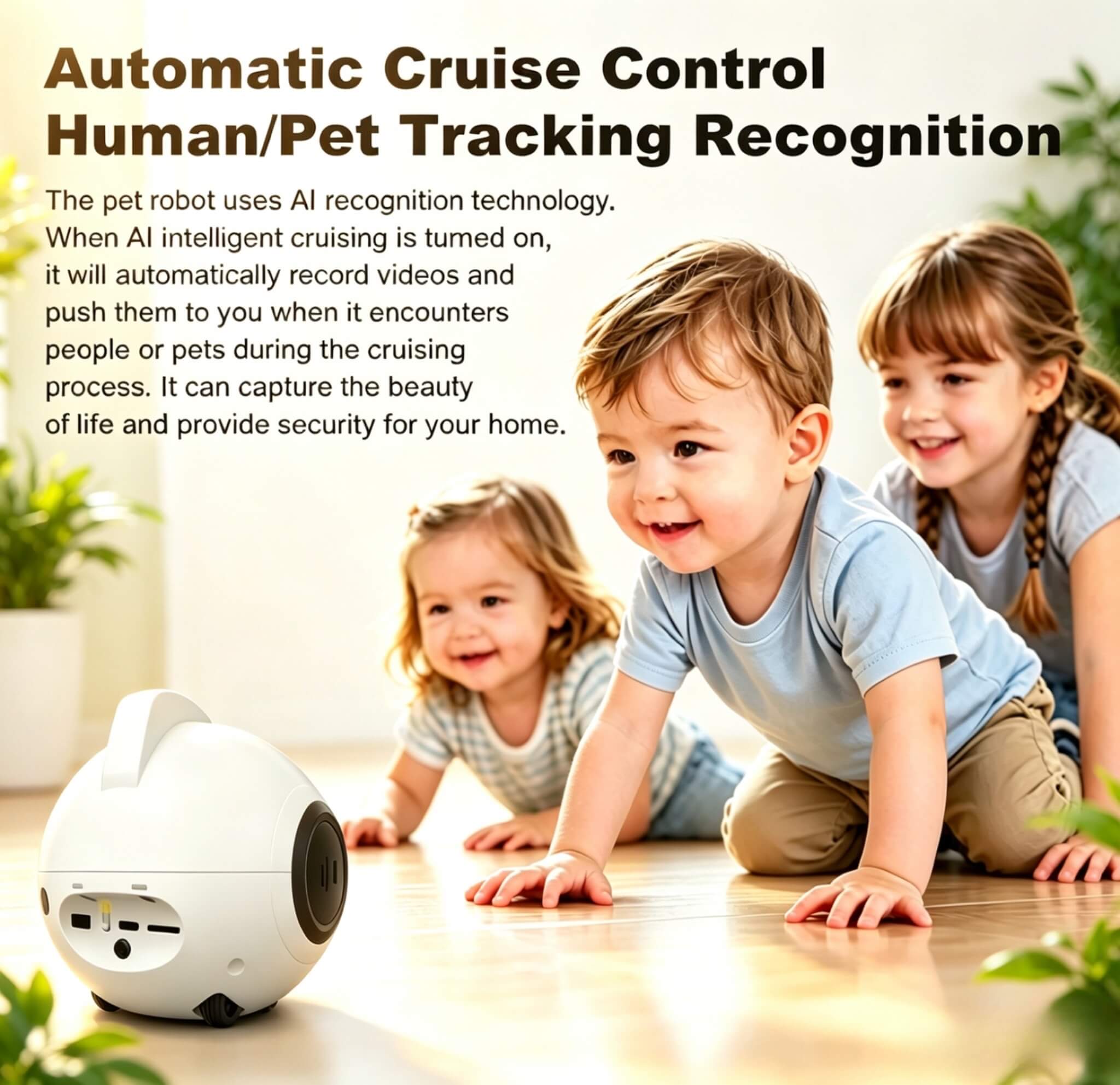 Children playing with a robot on a floor, with text about its features.