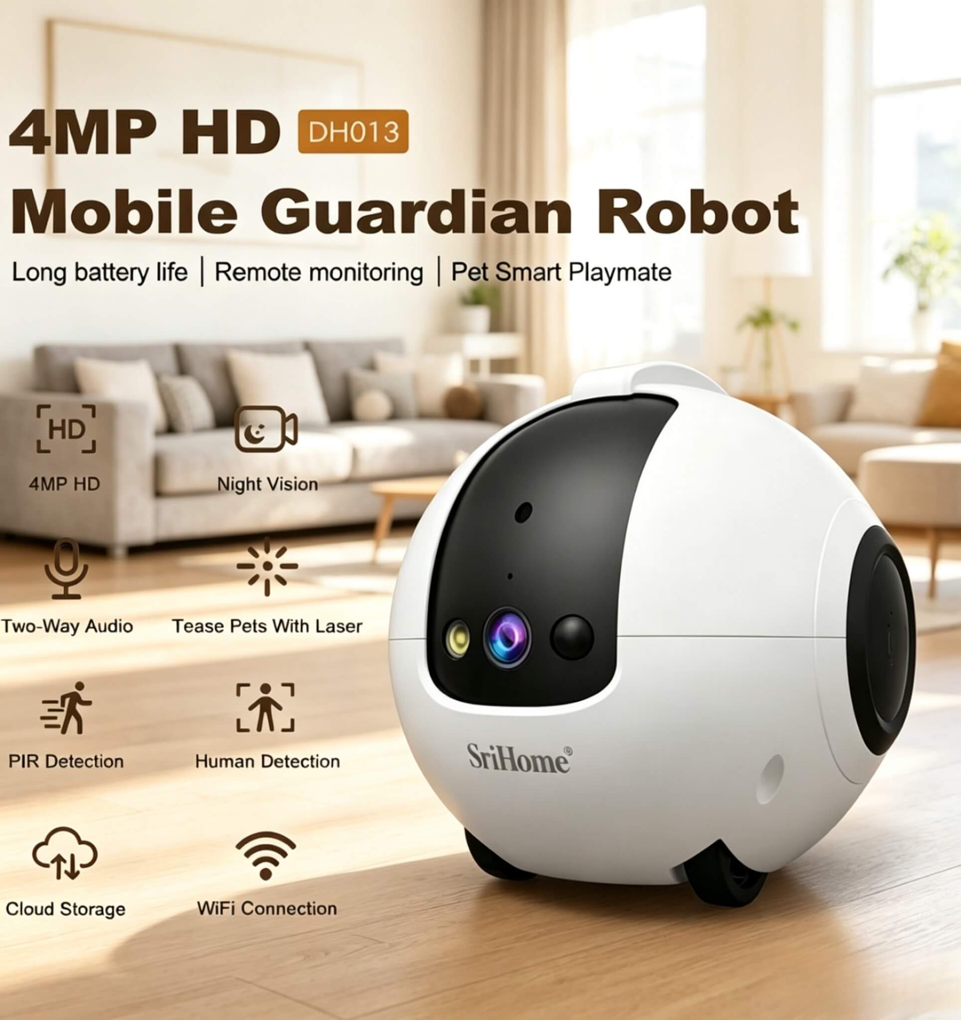 4MP HD Mobile Guardian Robot in a living room setting with features listed.