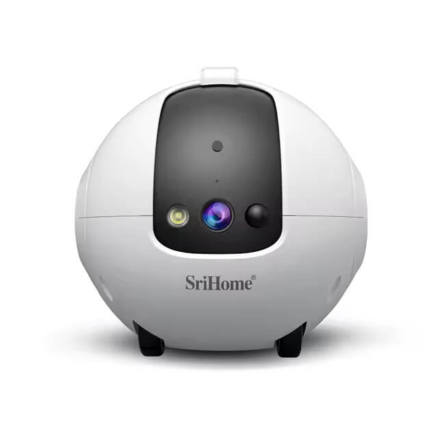 SriHome DH013 AI robot camera UK front view – 355° pan 90° tilt, 2K HD, rechargeable battery, no subscription